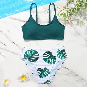Tropické Leaf Tlač Dievča Deti Plavky dvojdielne plavky detské Plavky 7-14 Rokov Rebra Bikini Set Teen plavky 2022 Plaviek