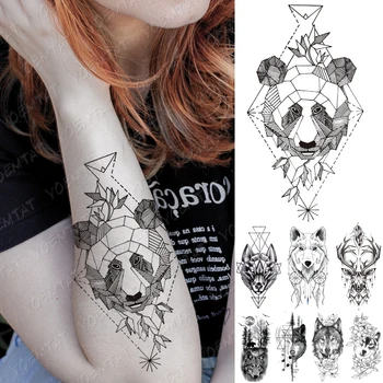 Nepremokavé Dočasné Tetovanie Nálepky Line Geometrie Fox Panda Vlk Tetovanie Jeleň Kvety Body Art Rameno Falošné Rukáv Tetovanie Ženy Muži
