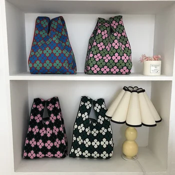 Japonský Štýl Kontrastné Kvety Vzor Žien Kabelka Hit Farebný Pletacie Textílie Nakupovanie Tote Ženy Ramenný Crossbody Taška