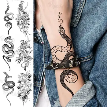 Veľký Had Dočasné Tetovanie Pre Ženy, Dievčatá Realistické Had Flóry Kvet Falošné Tetovanie Nálepky Predlaktie Hrudníka Tatoos Creative