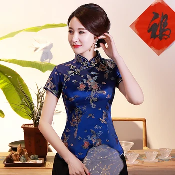 Ázijské Ženy Novinka Dragon Tričko Čínsky Štýl Satin Letná Blúzka Tradičné Tlačidlo Oblečenie Vintage Zvierat 3XL 4XL Topy