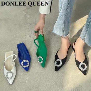 2022 Značky Žena Sandále Luxusné Crystal Slingback Špicatý Plochý Toe Tkaných Pošmyknúť Na List Rekreačné Topánky Pre Strany Drahokamu Mujer