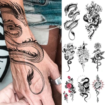 Nepremokavé Dočasné Tetovanie Nálepky Čierny Drak Had Totem Pivónia, Ruža Kvet Flash Tatto Ženy Muži Ramena Body Art Falošné Tetovanie