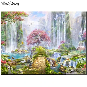Diamond Maľby Plné Námestie Kolo Vŕtať Vodopád Ružové Kvety Stromu Prírody 5D Daimond Maľovanie Výšivky Cross Stitch T543