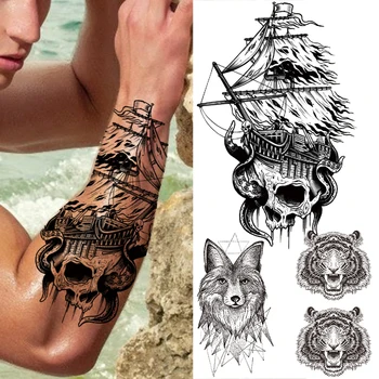 Pirátska Loď Smrti Lebky Dočasné Tetovanie Pre Mužov, Ženy, Geometrické Vlk, Tiger Falošné Tetovanie Nálepky Vody Prenos Tetovanie Odtlačkový