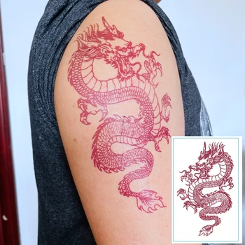 2022 Nový Štýl Červený Čínsky Drak Dočasné Tetovanie Samolepky Pre Mužov, Ženy Ramena Body Art Falošné Tattos Nepremokavé Cool Party Obtlačky