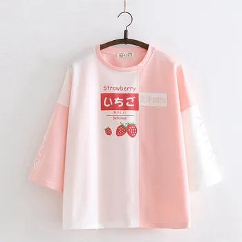 Japonský Roztomilý Jahoda Ženy Grafické T-shirts Lete Harajuku Girls Top Kawaii Krátky Rukáv, Ružová Tees Žena Oranžové Tričko