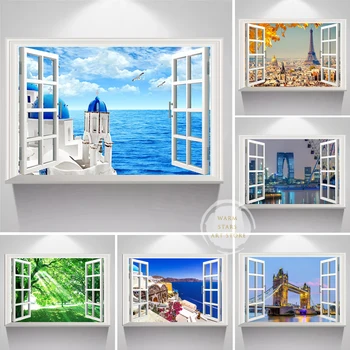 3D Zobrazenie Okna Grécko, Santorini Plagát Amalfi Plátno na Maľovanie Londýn, Paríž, Mesto Krajiny Wall Art Obraz Domova