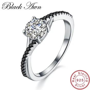[BLACK AWN] 925 Sterling Silver Šperky, Módne Rade Čierny Kameň Snubné Prstene pre Ženy Zásnubný Prsteň Femme Bijoux Bague C342