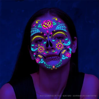 Halloween Fluorescenčné Nepremokavé Dočasné Tetovanie Nálepky Svetelný Deň Mŕtvych Lebky Strany Masku na Tvár Flash Tatto Falošné Tetovanie
