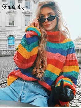 Fitshinling 2022 Zimné turtlenecks svetre pre ženy rainbow pruhy módne pulóver žena pletený sveter dámsky sveter hot