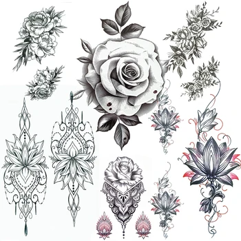 Ruže Kvet Falošné Dočasné Tetovanie Pre Ženy Móda Black Lotus Tetovanie Nálepky Sexy Daisy Henna Čipky Pobočky Body Art Rameno Tatoos