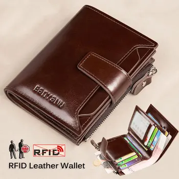 Pánske Originálne Kožené RFID Blokovanie Trifold Peňaženky Krátke Vintage Multi funkcia Kreditnej Karty, Držiak na Mince na Zips, Vrecko Peniaze Tašky