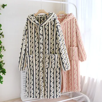 Ženy Zimné Coral Velvet Pyžamo Sleepwear Hoodie Pribrala Plyšové Nightgown Žena Dlho Tlačidlo Nadol Domov Oblečenie Kimono Šaty