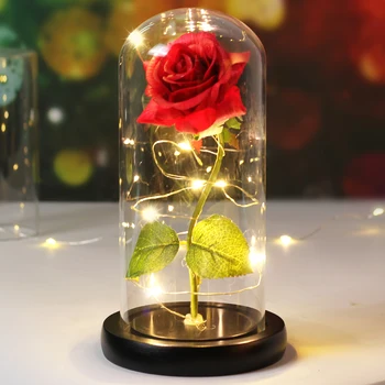 Enchanted Kráska A Zviera Ruže Kvet s Čierny Základ LED Svetla V Skle Dome Valentine Vianočný Darček, Svadobný Domova