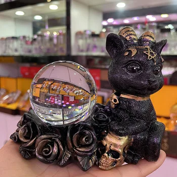 Šťastie Mačka Skull Black Šťastie Mačky Zobraziť Stojan pre Crystal Ball Základňu Držiaka Živice Figúrky Socha Ornament na 60-80 mm Sfére