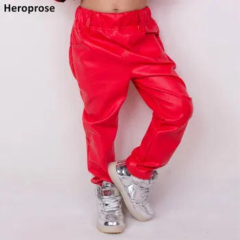 Nová Móda na Jeseň a Zimu Deti Hárem Hip Hop Nohavice Multi-vrecká Tepláky detské Červené Umelé PU Kožené Slim nohavice
