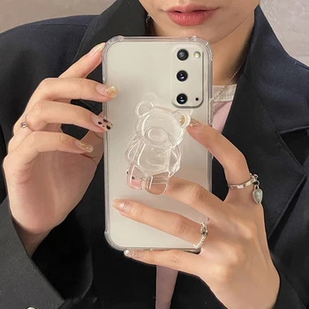 Kórea Medveď Transparentný Krúžok Držiak na Stojan Telefón puzdro pre Samsung Galaxy S20 Plus Ultra FE S 20 S20FE Karikatúra Roztomilý 3D Kryt