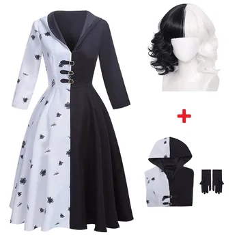 Cruella De Víl Cosplay Kostým 2 Štýly Ženy Šaty Black White Slúžka Šaty s Rukavice s Kapucňou, Sukne Parochne Oblečenie Halloween Party