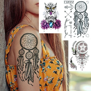 Veľké Dreamcatcher Dočasné Tetovanie Pre Ženy Sova Kvet Mesiac Tetovanie Nálepky Black Falošné Tatoos Papier Pierko Dream Catcher