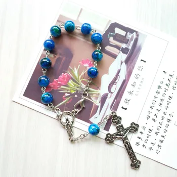 QIGO Katolícky Kríž Šperky Modrá Glasss Ruženec Bralcets Pre Mužov, Ženy