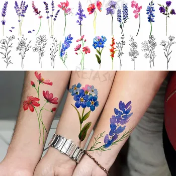 Drobné Ruky Akvarel Kvet Dočasné Tetovanie Pre Ženy, Dospelých Levandule Tulipán Realistické Falošné Tetovanie Na Zápästí Vody Prenos Tatoos