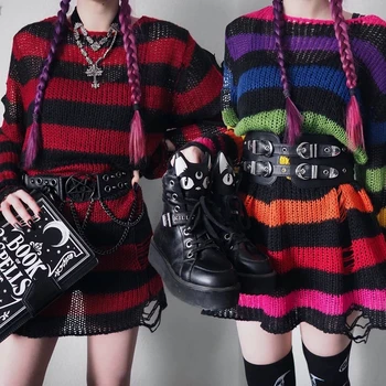 E-dievča Gotický Otvor Prúžok Pletené Pulóvre Prúžok Dlhý Rukáv Sveter Ženy Jumper Ženy Punk Štýl Kawaii Harajuku Streetwear