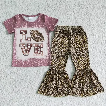 Láska tie Dye Tričko Baby Dievča Oblečenie, Deti Leopard Bell Nohavice Nastaviť Batoľa Deti Valentína Veľkoobchod Jar Jeseň Oblečenie