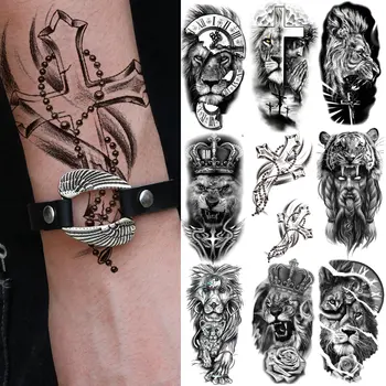 Čierny Kríž Dočasné Tetovanie Pre Mužov, Ženy, Dospelých Falošné Lion King Kompas Tetovanie Nálepky Tiger Zlý Démon Telo Rameno Tatoos Vložiť