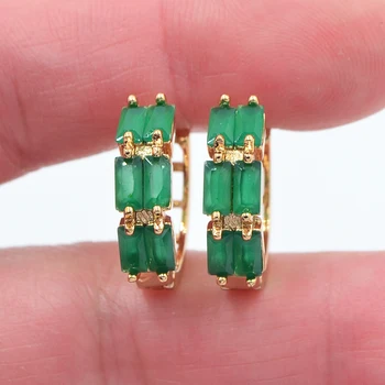 Zlatá Farba Ženy Štýlové Zelené Cubic Zirconia CZ Huggie Hoop Náušnice Šperky