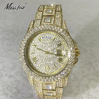 MISSFOX 18K Gold Luxusné Mužov Sledovať Ľadový to Celý Diamond Multifunkčné Dátum Nastavte Náramkové hodinky Kalendárny Týždeň Displeja Quartz Hodiny