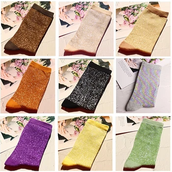 Módne dámske lesklou farbou vysoko kvalitnej česanej bavlny ponožky zlaté a strieborné nite, mäkké a pohodlné žena ponožky