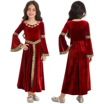 Velvet Halloween Oblečenie pre Deti, Dievčatá, Stredoveké Princezná Cosplay Kostým Dlhé Závoje Rukáv Retro Vzorované Kapela Zdobiť Oblečenie