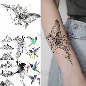 Malé Geometrické Veľryba Dočasné Tetovanie Pre Ženy, Dospelých Horské Lesy Kolibrík Realistické Falošné Tetovanie Módne Tetovanie Umývateľný