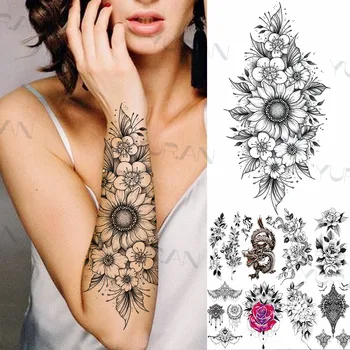 Čierna Slnečnica Dočasné Tetovanie Pre Ženy, Mužov Realistické Falošné Dragon Henna Sun Flower Tetovanie Nálepky Nepremokavé Predlaktie Tatoos