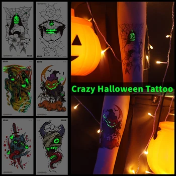 Svetelný Halloween Tetovanie Lebky Spider Ghost Nepremokavé Dočasné Tetovanie Žiariace Falošné Tetovanie Zábavné Zbrane Tetovanie Tela Nálepky