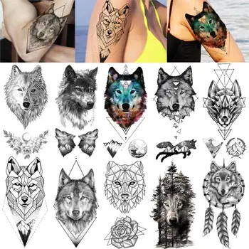 Cool Dospelých Dočasné Tetovanie Nálepka Pre Dievčatá Geometrické Black Wolf Tvár Nepremokavé Tetovanie Pasta Pre Ženy Muž Tetovanie Body Art