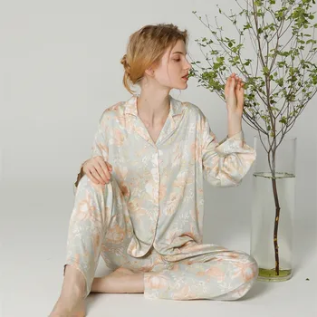 Nové Módne Mäkké Viskóza Dlhý Rukáv Pajama SetsFor Lady Veľké Kvetinové Vytlačené Elegantné Voľné Sleepwear Vyhovuje Domáce Oblečenie