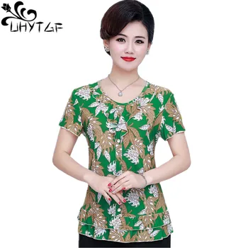 UHYTGF T-košele pre ženy, krátky rukáv tlačené elegantné matka letné tričko žena bežné tenké top 5XL Veľké rozmery tričko ženy 1526