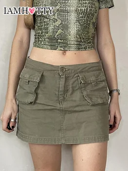 IAMHOTTY Vintage Nízkym Pásom Denim Sukne Zelená Grunge Oblečenie Y2K Cargo Mini Sukne Vrecká Rovno Neformálne Oblečenie Fairycore Hot