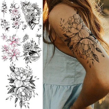 Vlastné Pivónia Kvetinový Dočasné Tetovanie Pre Ženy, Dospelých Realistické Oči Moon Flower Falošné Tetovanie Nálepky Rameno Veľký Nepremokavé Tatoos