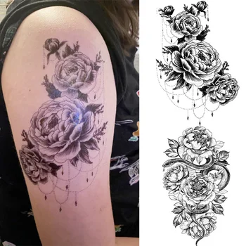 Čierne Ruže Had Dočasné Tetovanie Nálepky Kvetinový Vzor, Dizajn, Nepremokavé Plný Ramena Body Art Veľké Veľké Falošné Tetovanie Nálepky 1PC