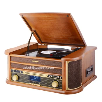 Drevený, nostalgický stereo prehrávač záznamov vinyl gramofóny prehrávač s nahrávaním funkcia