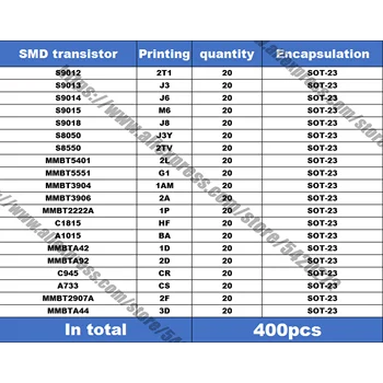 SMD Tranzistorov Package S8050 SS8550 J3Y 2TY Y1 Y2 SOT23 20 bežne používané typy, spolu 400