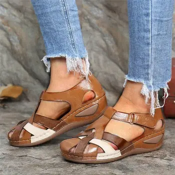 2022 Letné Sandále Ženy Plus Veľkosť dámske Topánky Duté na Suchý zips, Low-Cut Zodpovedajúce Klin Sandále Kolo Prst Otvor Vintage Rómov Topánky