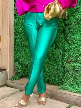 Ženy Zelené Nohavice Vysoký Pás Elegantné Slim Nohavice so Zipsom Lesklé Žena Afriky Módne Bežné Kancelárske Obchodný Oblečenie na Jar