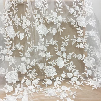 1 Yard Off white jasné sequin kvetinový tylu výšivky, čipky textílie podľa dvore, svadobné šaty svadobné šaty couture čipky