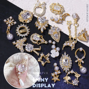 2ks 3d Zliatiny Nail Art Luxusné Šperky Crystal Kamienkami Zirkón Diamanty Kúzlo Pearl Prívesok Japonský DIY Manikúra Dekorácie