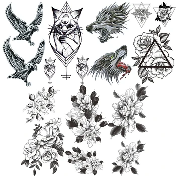 Veľký Orol Falošné Dočasné Tetovanie Pre Ženy, Mužov Black Camellia Leaf Tetovanie Nálepky Mačka Trojuholník Kvety Tatoos Telo Pás Rameno