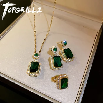 TOPGRILLZ Dámske Šperky Set Vintage Námestie Emerald Prívesok Náhrdelník/Náušnice/Otvorenie Nastaviteľný Krúžok Módne Luxusné Šperky